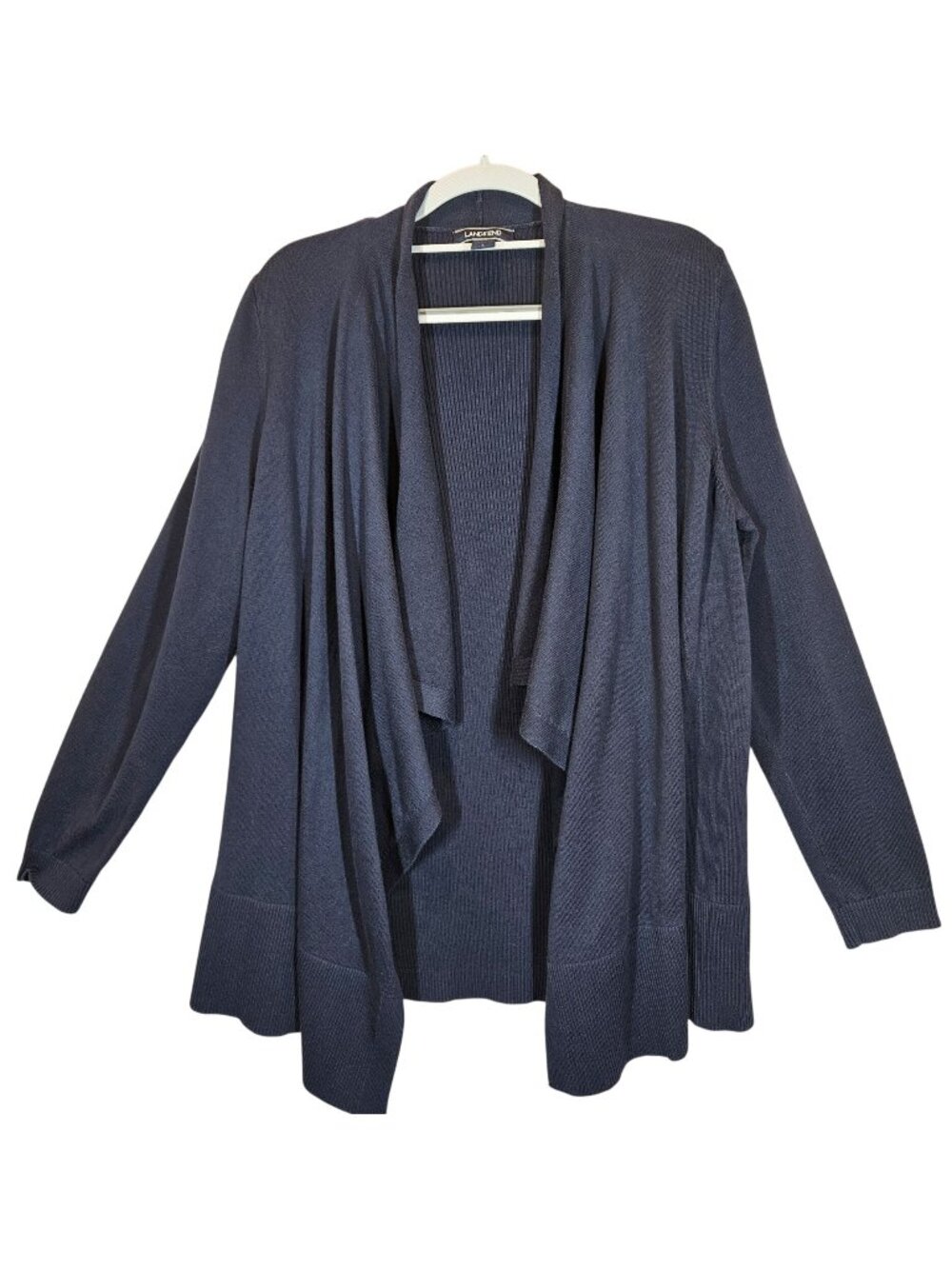 Lands End Womens L Black Open Front Cardigan Sweater Large Cotton Career Casual